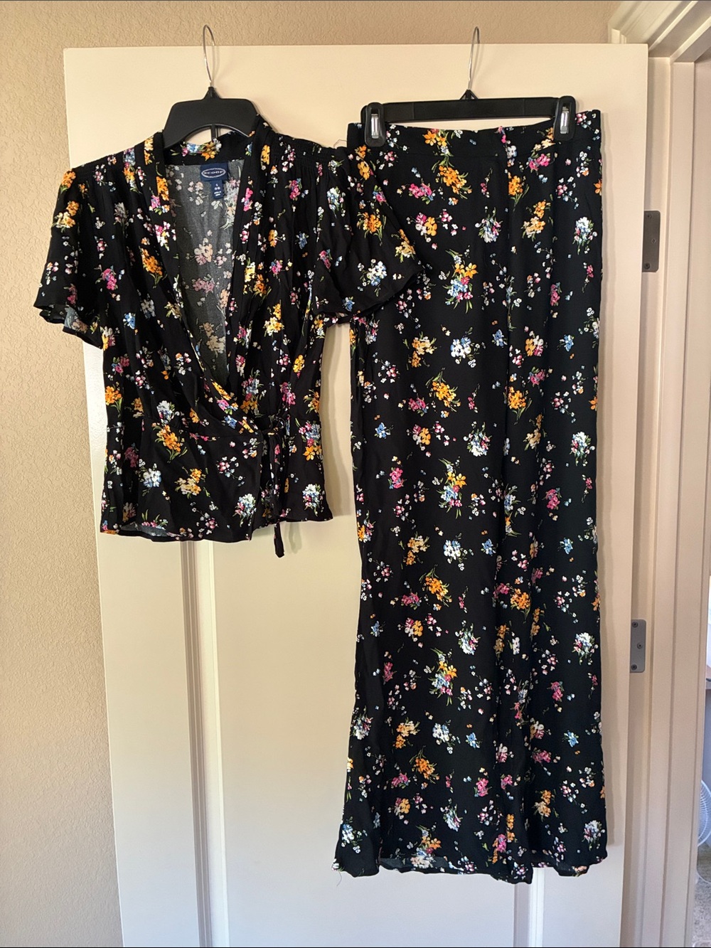 Black Floral Two-Piece Wrap Top and Pant Set